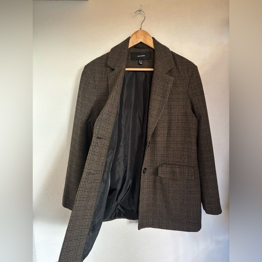 Vero Moda Houndstooth Grey Black Brown Recycled Wool Blend Knit Blazer Jacket - Picture 11 of 12
